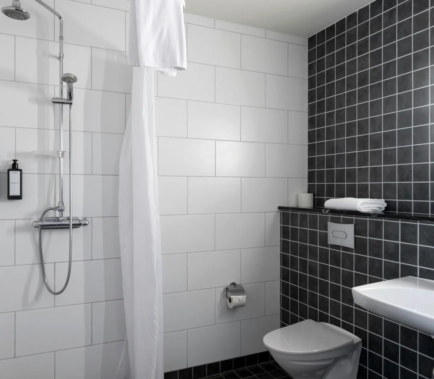 Black and white bathroom with shower, toilet and sink