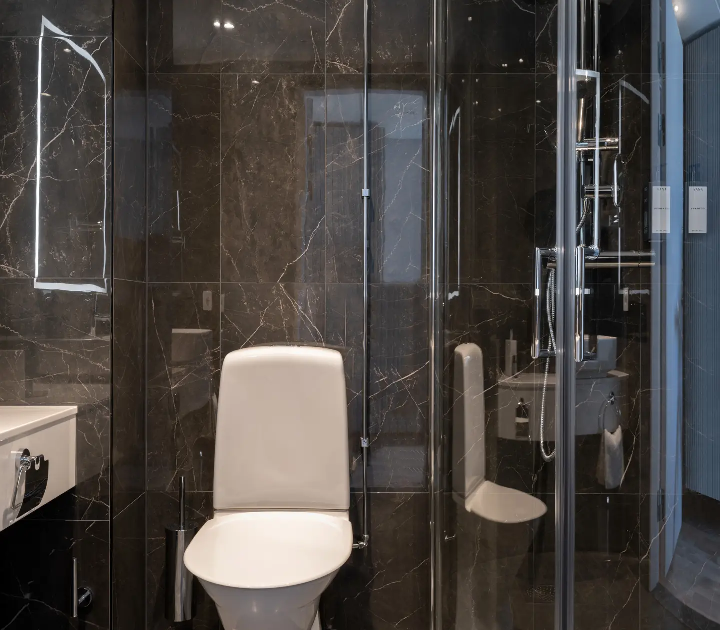 Bathroom with dark marble tiles with shower, toilet and sink