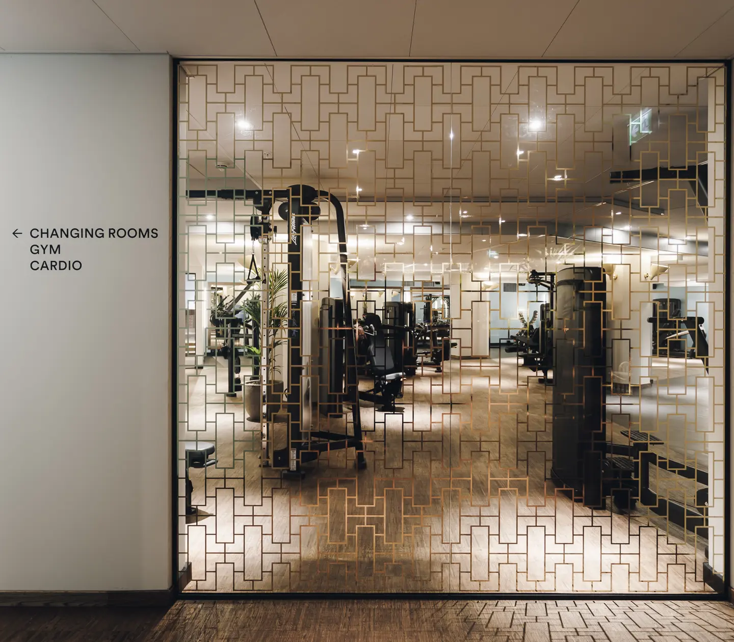 Gym behind patterned glass wall